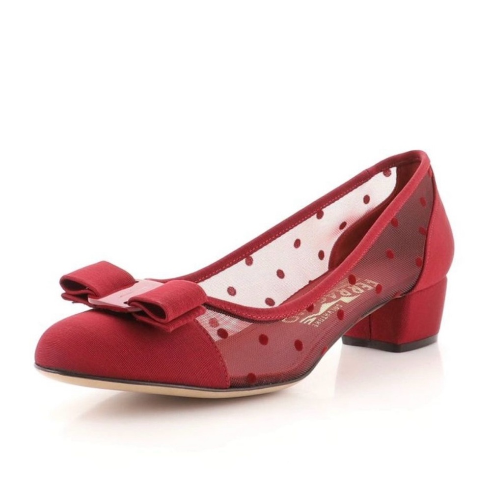 Salvatore Ferragamo Satin Vara Bow Mesh Polka Dot Preppy Luxury Office Heels 7.5